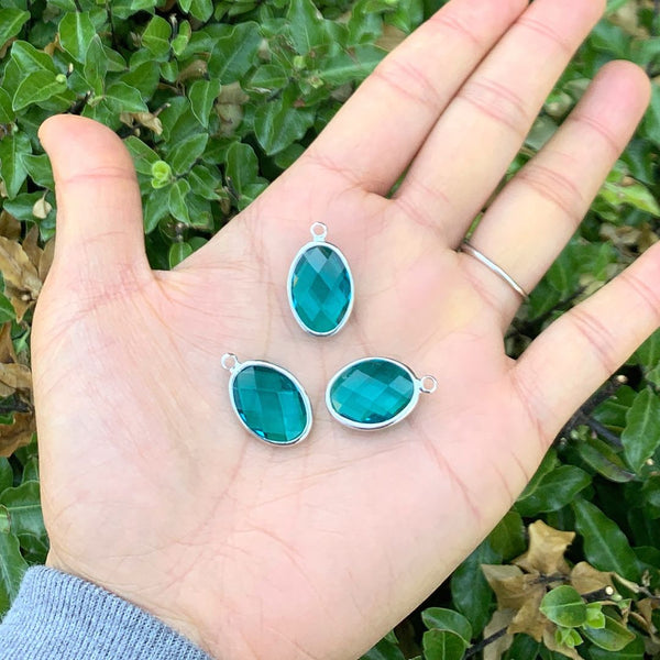 10pcs Grade A December Blue Zircon Oval Birthstone Charm Drops, Sterling Silver Plated Brass, 18x13mm, CCP6-S12