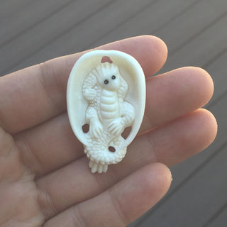 1pc Beautiful Dragon-In-Cradle Hand Carved White Buffalo Bone Drop Pendant, Symbol of Strength Prosperity Pendant, with Sterling Silver Bail, 1.57 Inch, BP-82