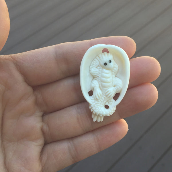 1pc Beautiful Dragon-In-Cradle Hand Carved White Buffalo Bone Drop Pendant, Symbol of Strength Prosperity Pendant, with Sterling Silver Bail, 1.57 Inch, BP-82