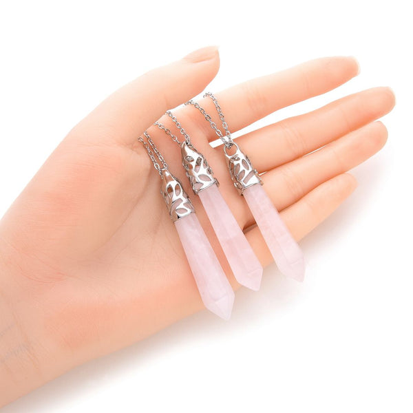 1pc Natural Pink Rose Quartz Hexagonal Pile Gemstone Pendant Necklace, 26 Inch Surgical Stainless Steel Chain, GGP-BB12