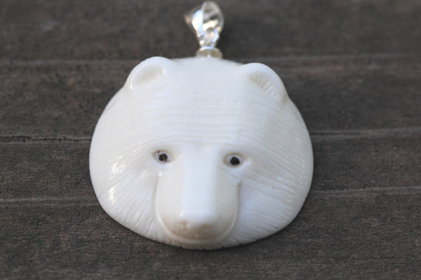 1pc Beautiful Artist Bear King Hand Carved White Buffalo Bone Drop Pendant, Symbol of Strength Prosperity Pendant, with Sterling Silver Bail, 1 Inch, BP-83