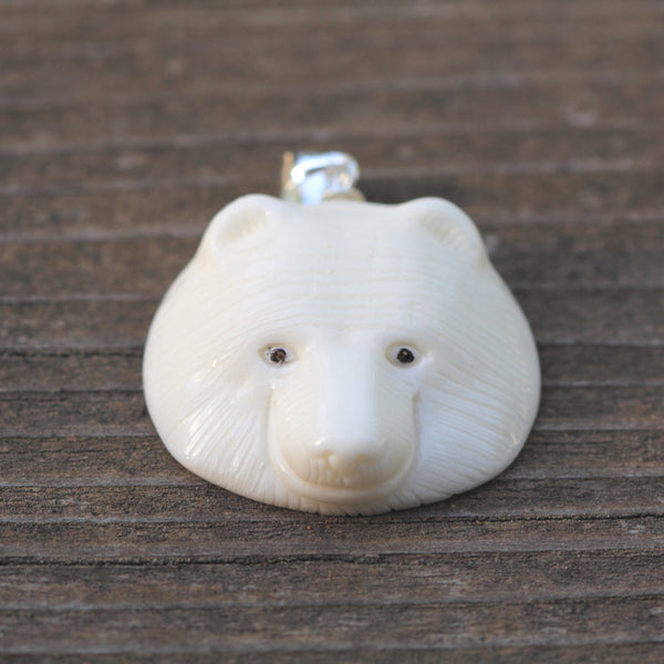 1pc Beautiful Artist Bear King Hand Carved White Buffalo Bone Drop Pendant, Symbol of Strength Prosperity Pendant, with Sterling Silver Bail, 1 Inch, BP-83