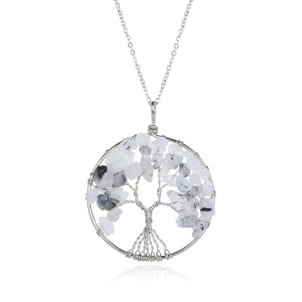 1pc Tree of Life Prosperity Necklace, Natural Black Quartz Rutilated Gemstone Pendant, 26 inch Surgical Stainless Steel Chain, GGP9-10