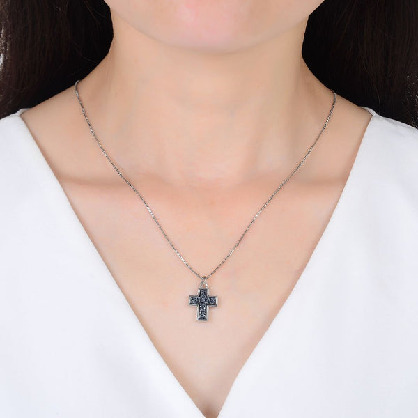 1pc Natural Druzy Crystal Pendant Necklace, Hematite Black Cross Small Gemstone Pendant, 18 inch Stainless Steel Surgical Chain, GGP19-4