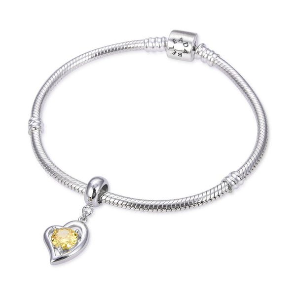 1pc 925 Sterling Silver Love Heart November Birthstone Charm Drop, Yellow Topaz Cubic Zirconia CZ, 26mm (1 inch) Long, Hole ID 4.5mm, EC1-E11