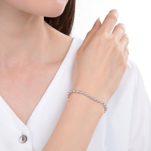 1pc 925 Sterling Silver Beaded Chain Bracelet, 4mm Beads, Tarnish Resistant White Gold Plated, Length Selections: 7 inch/7.5 inch/8 inch