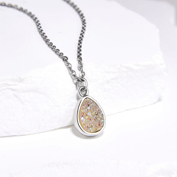 1pc Natural Druzy Crystal Pendant Necklace, Clear AB Teardrop Small Tiny Gemstone Pendant, 18 inch Stainless Steel Surgical Chain, GGP25-5