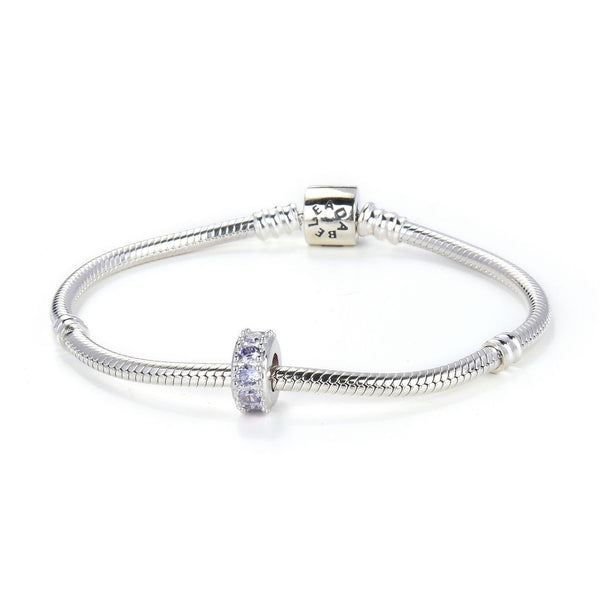 1pc 925 Sterling Silver June Birthstone Bead Charm, Light Purple Alexandrite Cubic Zirconia CZ, 9.5x5mm, Hole ID 4.5mm, EC1-C6