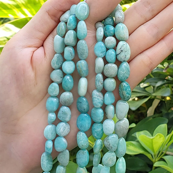 Natural Amazonite Amazonstone Gemstone Oval Tumbled Pebble Beads, Irregular, 7mm to 12mm, Hole ID 1mm, 15 Inch/1 Strand, GZ12-45