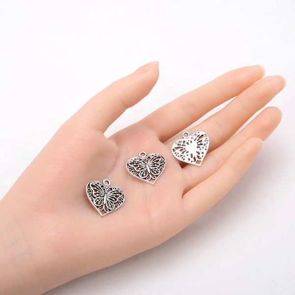 20pcs Butterfly Symbol of Transformation Heart Charms, 22.8mm One Sided Heart Drop Pendants, Antique Silver, MC-D20