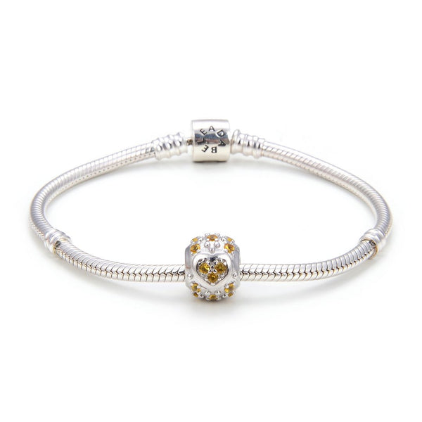 1pc 925 Sterling Silver Round Heart Pattern November Birthstone Bead Charm, Yellow Topaz Cubic Zirconia CZ, 11x9mm, Hole ID 4.5mm, EC1-H11