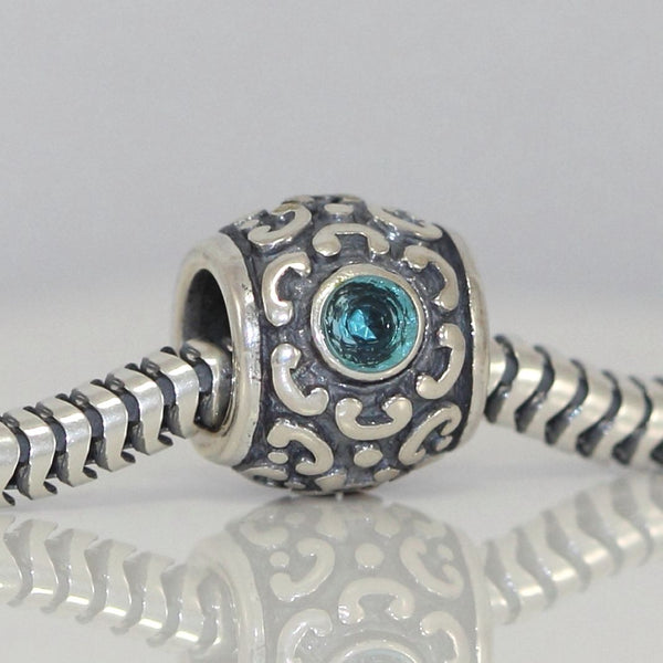 1pc Solid 925 Sterling Silver March Blue Birthstone Bead Cubic Zirconia CZ, Compatible with Pandora All Other Charm Bracelet, EC484