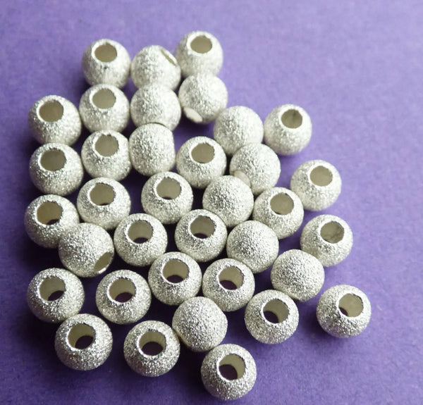 5pcs 925 Sterling Silver Sparkle Large Hole Stardust Round Spacer Beads, 8mm, Hole ID 3mm, SS146
