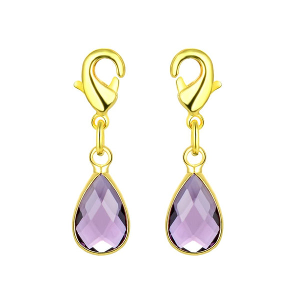 2pcs Clip On Dangle February Purple Birthstone Charm Drops, Tarnish Resistant, 18K Yellow Gold Plated Lobster Clasp, BL8-2