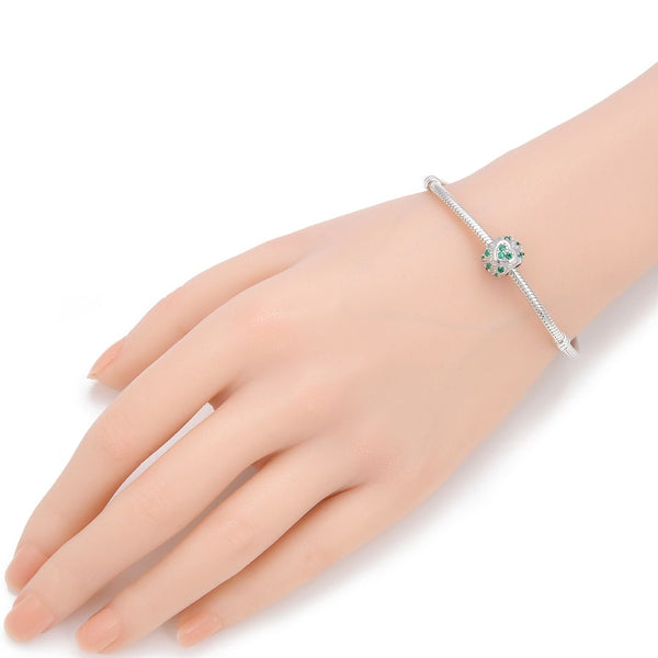 1pc 925 Sterling Silver Round Heart Pattern May Birthstone Bead Charm, Green Emerald Cubic Zirconia CZ, 11x9mm, Hole ID 4.5mm, EC1-H5