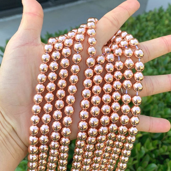 Natural Hematite Gemstone Round Beads, Rose Gold Plated, 15 Inch/1 Strand, Size Selections: 6mm/8mm/10mm