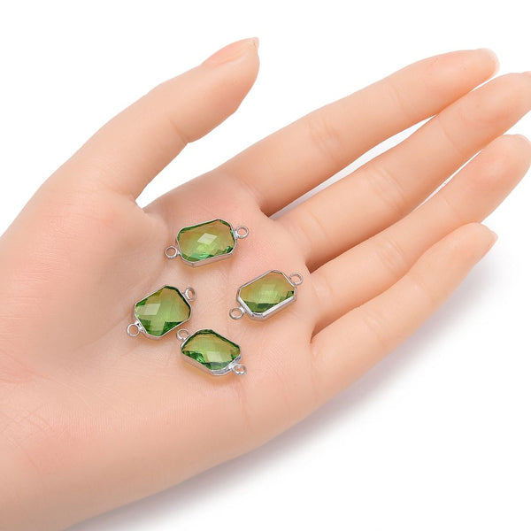 10pcs Grade A August Peridot Green Birthstone Rectangle Radiant Cut Links, Sterling Silver Plated Brass, 14mm, CCP12-S8