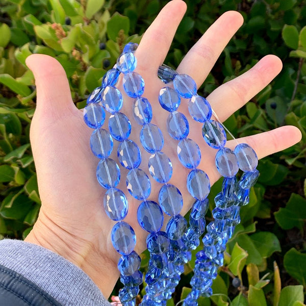 50pcs Creative Club Faceted Flat Oval Crystal Beads, Light Sapphire Blue, 16x12mm/Large, Hole ID 1.1mm, CCO-14
