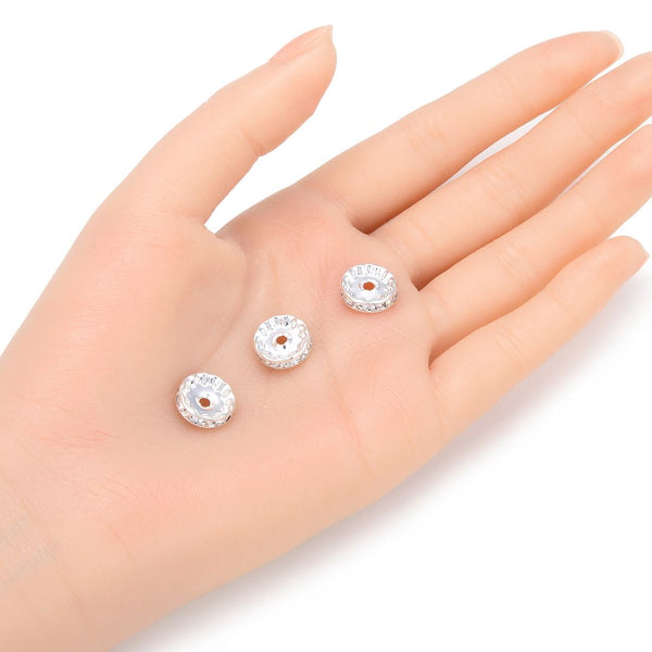 100pcs Grade A Rhinestone Rondelle Beads, Clear Rhinestone, Sterling Silver Plated Brass, Size Selections: 4mm/5mm/6mm/8mm/10mm/12mm
