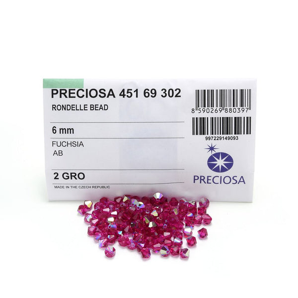 50pcs Preciosa Faceted Bicone Crystal Beads, Fuchsia AB, 6mm, Hole ID 1mm, Pre-B662