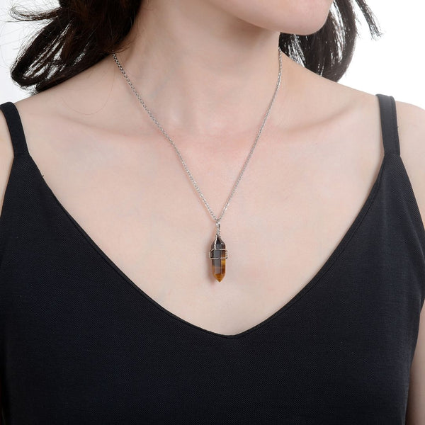 1pc Natural Brown Yellow Tiger Eye Gemstone Pendant Necklace, 18 Inch Surgical Stainless Steel Chain, GGP-E1