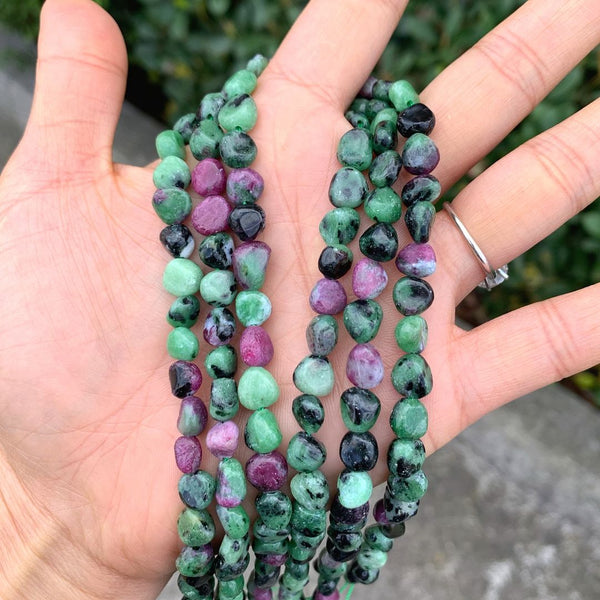 Natural Ruby Zoisite Gemstone Oval Tumbled Pebble Beads, Irregular, 5mm to 8mm, Hole ID 1mm, 15 Inch/1 Strand, GZ11-78