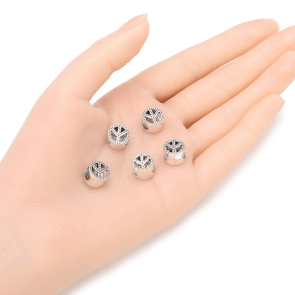 20pcs Peace Sign Large Hole Beads, Hole ID 4.5mm, Antique Silver, Zinc Alloy Metal, MEC-F8