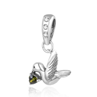 1pc 925 Sterling Silver Bird Charm, Freedom Lover August Birthstone Charm Drop, Green Peridot Cubic Zirconia CZ, 20mm Long, Hole ID 4.5mm, EC1-D8