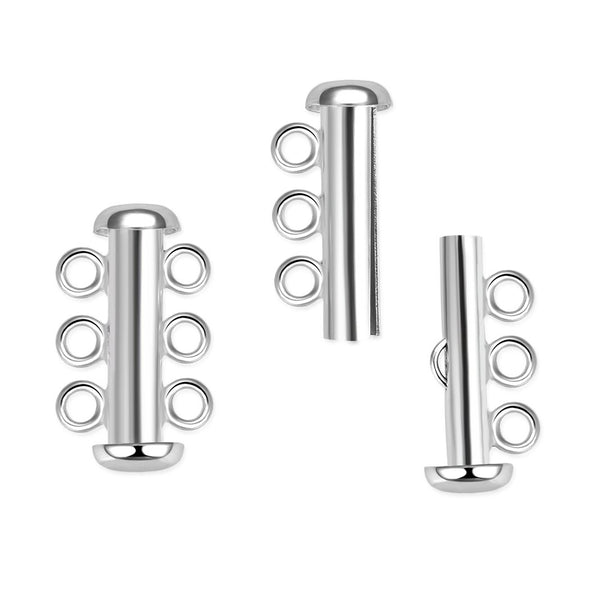 1pc Sterling Silver 3 Strands Multi-Strand Slide Lock Tube Clasp Set, Tarnish Resistant Rhodium Plated, 20.5mm Long, SS92-3