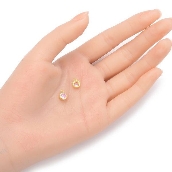 2pcs 925 Sterling Silver 6mm October Birthstone Charm Drop Pendants, Real 18K Yellow Gold Plated, Pink Tourmaline Cubic Zirconia Gemstone, SXP7-10