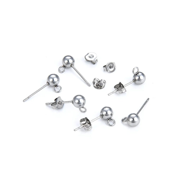100pcs 304 Surgical Stainless Steel Ball Earring Posts with Open Ring & Earnut Backs (3mm/4mm/5mm)
