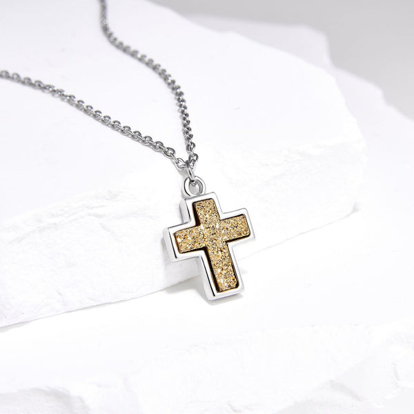 1pc Natural Druzy Crystal Pendant Necklace, Gold Cross Drop Small Gemstone Pendant, 18 inch Stainless Steel Surgical Chain, GGP19-1