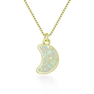 1pc Natural Druzy Crystal Pendant Necklace, Clear AB Moon Drop Small Gemstone Pendant, 18 inch Gold Plated Stainless Steel Chain, GGP28-5