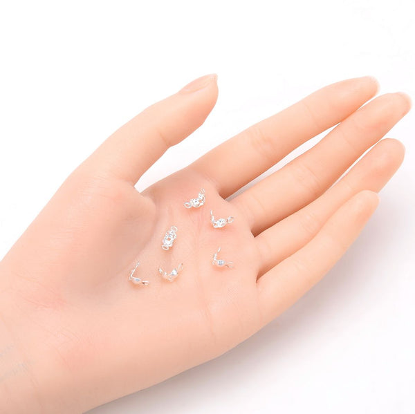 100pcs Silver Clamshell Calotte Bead Tips, 8mm Crimp End Caps, Sterling Silver Plated Brass, 2 Closed Rings, 4mm Cup, CF48-1