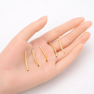 20pcs Tarnish Resistant Curved Noodle Tubes, 18K Yellow Gold Plated Brass, Hole ID 1.5mm, Length Selections: 25/30/35/40/50mm