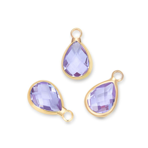 10pcs Grade A June Alexandrite Purple Teardrop Birthstone Charm Drop, 18K Yellow Gold Plated Brass, Size Selections: 11x7mm, 14x8mm, 16x9mm