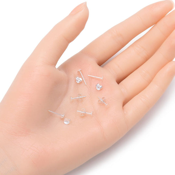 4 Pairs 925 Sterling Silver Earring Posts, Glue On Flat Board, 0.7mm/21 Gauge Pin, 8pcs Earring Backs, Flat Board Selections: 3mm/4mm/6mm/8mm