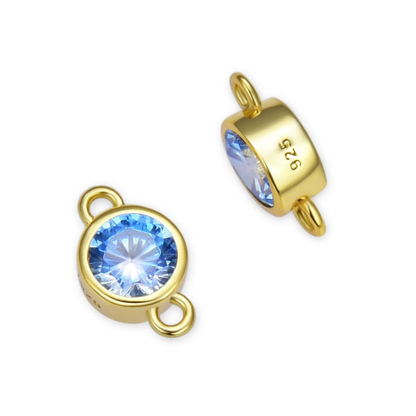 2pcs 925 Sterling Silver 4mm Tiny March Birthstone Links, Real 18K Yellow Gold Plated, Aquamarine Blue Cubic Zirconia Gemstone Connector, SXP5-3