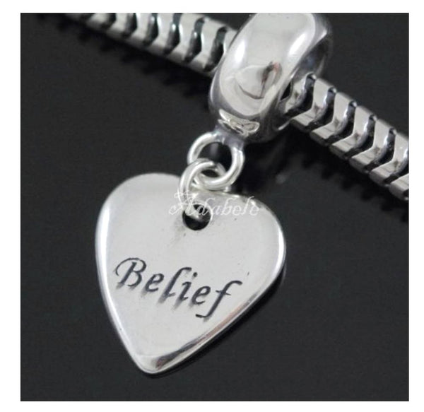 1pc Solid 925 Sterling Silver Belief Faith Heart Bead Charm, Compatible with Pandora All Other Charm Bracelet, EC508