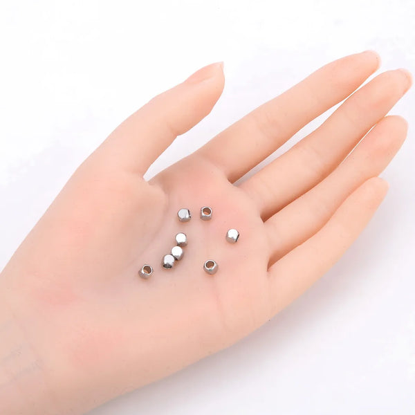 50pcs 6mm Smooth Cube Spacer Beads – 304 Stainless Steel, 3.8mm Large Hole, Loose (2.5mm/3.8mm)