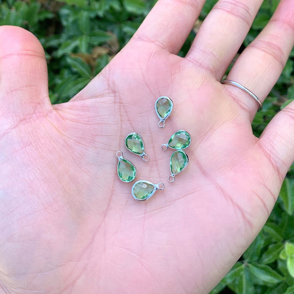 10pcs Grade A August Peridot Green Teardrop Birthstone Charm Drop, Sterling Silver Plated Brass, Size Selections: 11x7mm, 14x8mm, 16x9mm