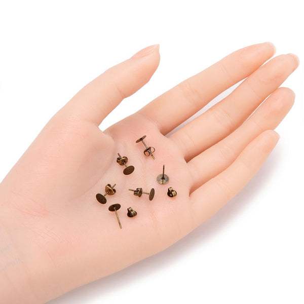 100pcs Earring Posts Glue On Settings, with 100pcs Earring Backs, Antique Bronze Plated Brass, Flat Board Size Selections: 3mm/4mm/6mm/8mm