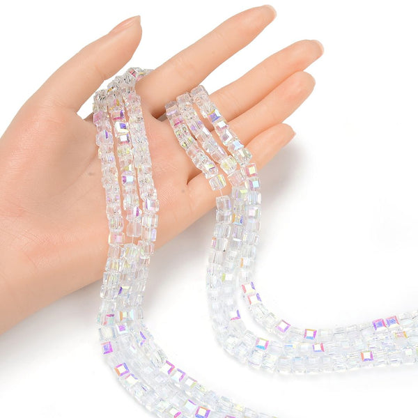 100pcs Creative Club Faceted Cube Crystal Glass Beads, Crystal AB, 6mm, Hole ID 1mm, CCC602