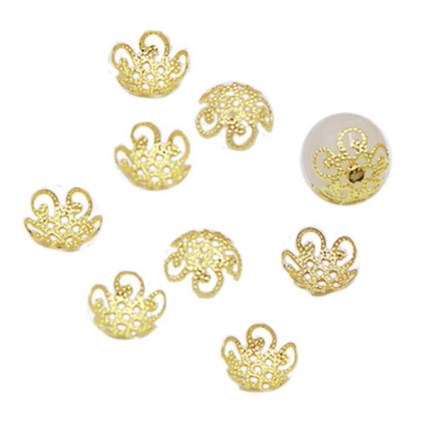 50pcs Tarnish Resistant Flower Filigree 10mm Bead Caps 18K Yellow Gold Plated Brass Bead End Cap, BF47-2