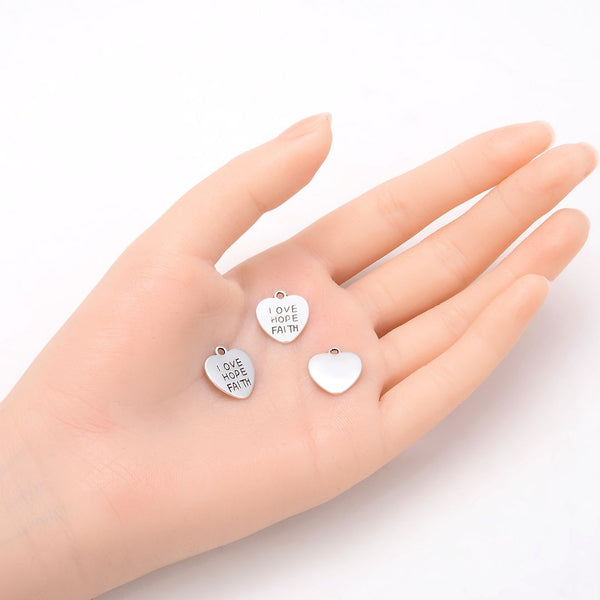 20pcs Heart of Love Hope Faith Charms 15.4mm One Sided Heart Drop Pendants, Antique Silver, MC-D2