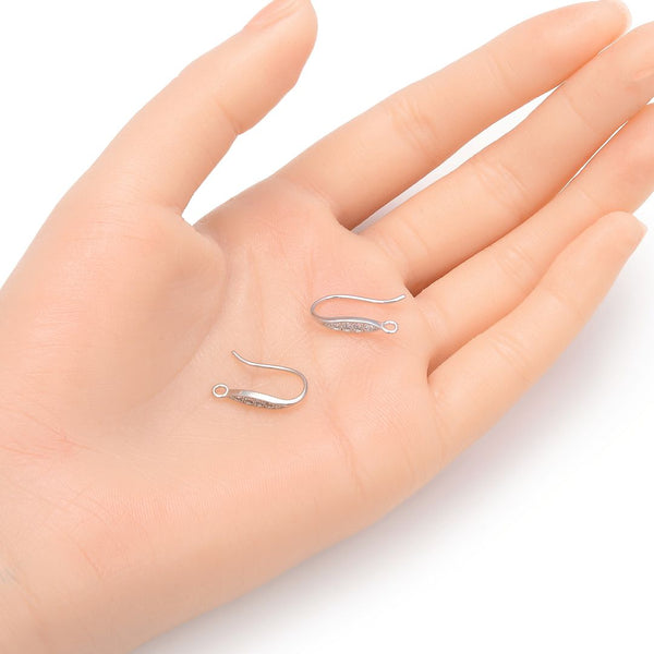 2 Pairs 925 Sterling Silver Fancy French Fish Earring Hooks, Cubic Zirconia CZ, Tarnish Resistant Rhodium Plated, 17mm, SS33