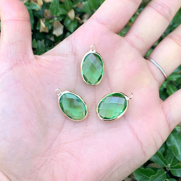 10pcs Grade A August Peridot Green Oval Birthstone Charm Drops, 18K Yellow Gold Plated Brass, 18x13mm, CCP6-G8