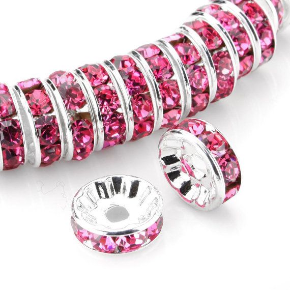 100pcs AAA Grade Rhinestone Rondelle Beads, Sterling Silver Plated Brass, Rose Pink Rhinestone, Color Selections: 5mm/6mm/8mm/10mm/12mm