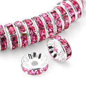 100pcs AAA Grade Rhinestone Rondelle Beads, Sterling Silver Plated Brass, Rose Pink Rhinestone, Color Selections: 5mm/6mm/8mm/10mm/12mm