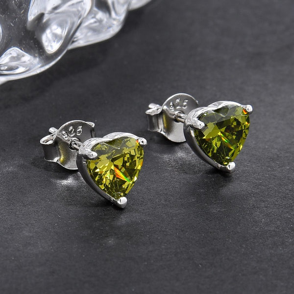 1 Pair 925 Sterling Silver August Green Love Heart Birthstone Stud Earrings, 6mm/0.84 Carat Cubic Zirconia CZ Created Peridot Stone, SSE79-8